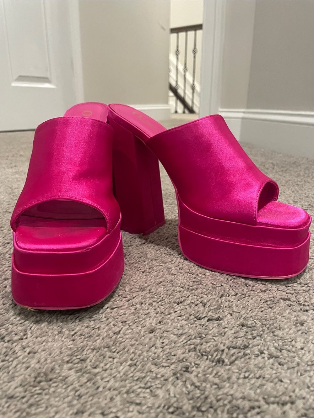 Hot Pink Satin Platform Mules